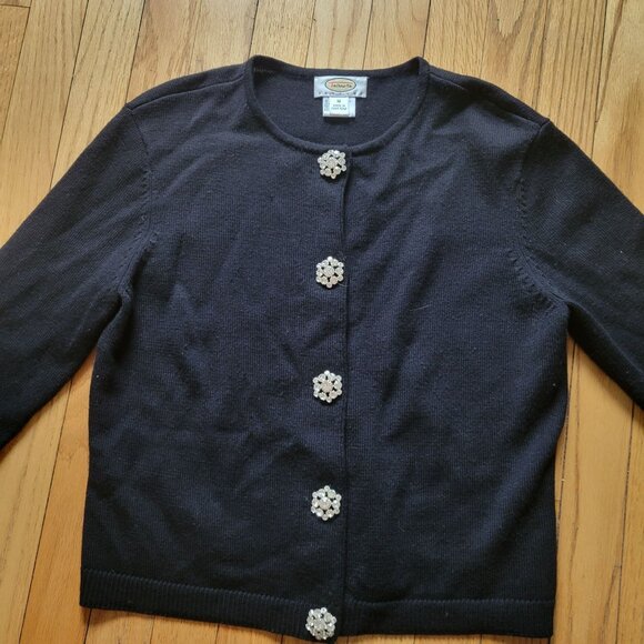 Talbots Petites Black Cardigan 100% Merino Wool W/Rhinestone Buttons Womens M - Picture 2 of 7